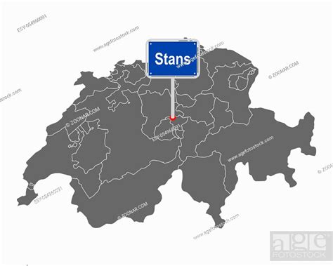 Landkarte der Schweiz mit Ortsschild von Stans - Map of Switzerland with road sign of Stans ...