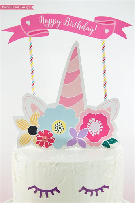 Unicorn Cake Topper Printable With Flowers (Unicorn Party)- Press Print Party