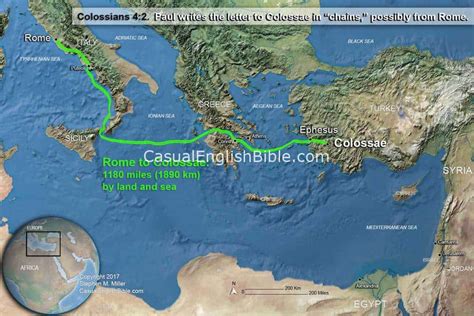 Map of route from Colossae to Rome - Casual English Bible