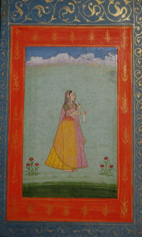 A standing portrait of a female standing in a sparsely decorated landscape. Gouache painting ...