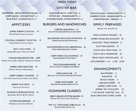 Menu at The Oceanaire Seafood Room restaurant, Dallas