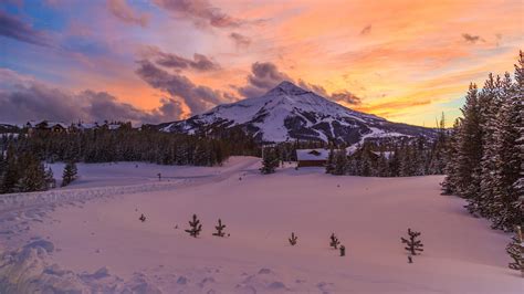 nature, landscape, mountains, lake, trees, forest, snow, sunset, water ripples, clear sky ...