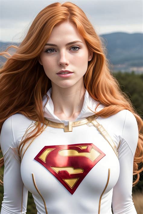 a woman with red hair wearing a white superman suit