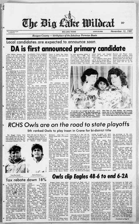 The Big Lake Wildcat (Big Lake, Tex.), Vol. 62, No. 46, Ed. 1 Thursday, November 12, 1987 - The ...