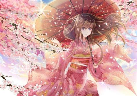 umbrella, Kimono, Original Characters, Pink, Cherry Blossom, Japanese ...