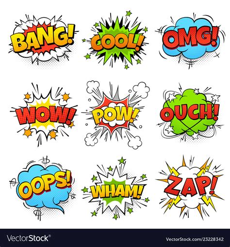 Comic words cartoon speech bubble with zap pow Vector Image