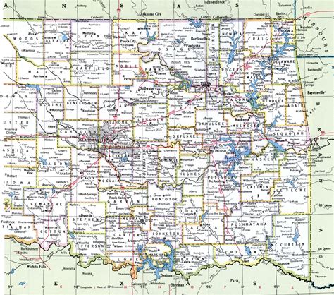 Oklahoma state county map with cities towns roads highway counties