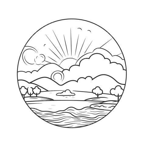 Black And White Sketch Of A Landscape And Sunrise Outline Drawing Vector, Sunrise Drawing ...