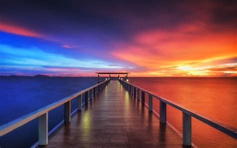 Wooden pier Wallpaper 4K, Bridge, Sunset, Horizon, Resort