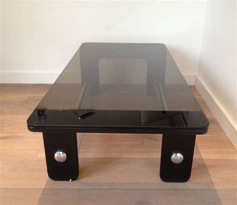 Mid Century Coffee Table in Black Wood, Chrome and Smoked Glass for sale at Pamono