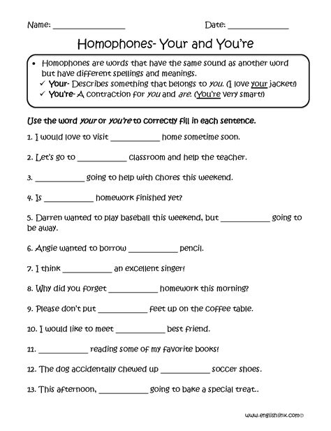 Choosing Your or You're Homophones Worksheets | education | Pinterest ...