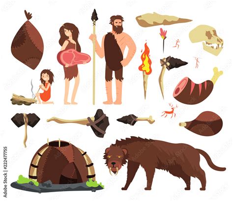 Stone age caveman. Hunting neolithic people, mammoth and prehistoric ...