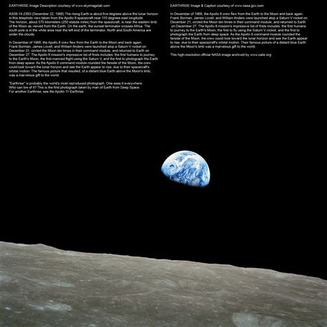 FAMOUS EARTHRISE HIGH RESOLUTION Space Image NASA Apollo 8 Space Mission Photograph Earth Rising ...