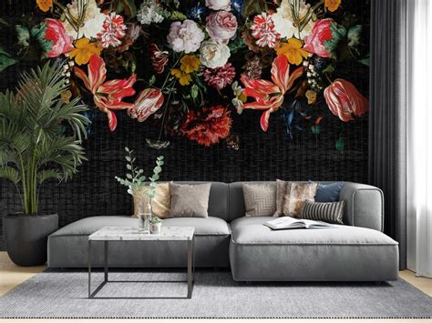 Colorful Floral Wallpaper Black Background Living Room Wall - Etsy