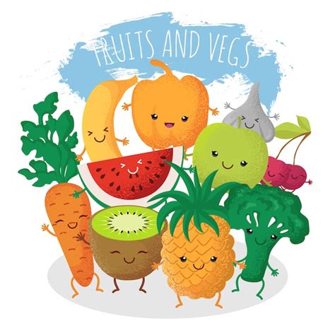 Grupo de amigos divertidos de frutas y verduras. | Vector Premium