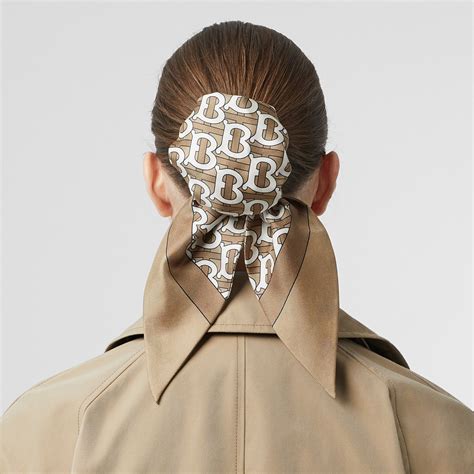 Monogram Print Silk Hair Scarf in Pale Olive - Women | Burberry United States