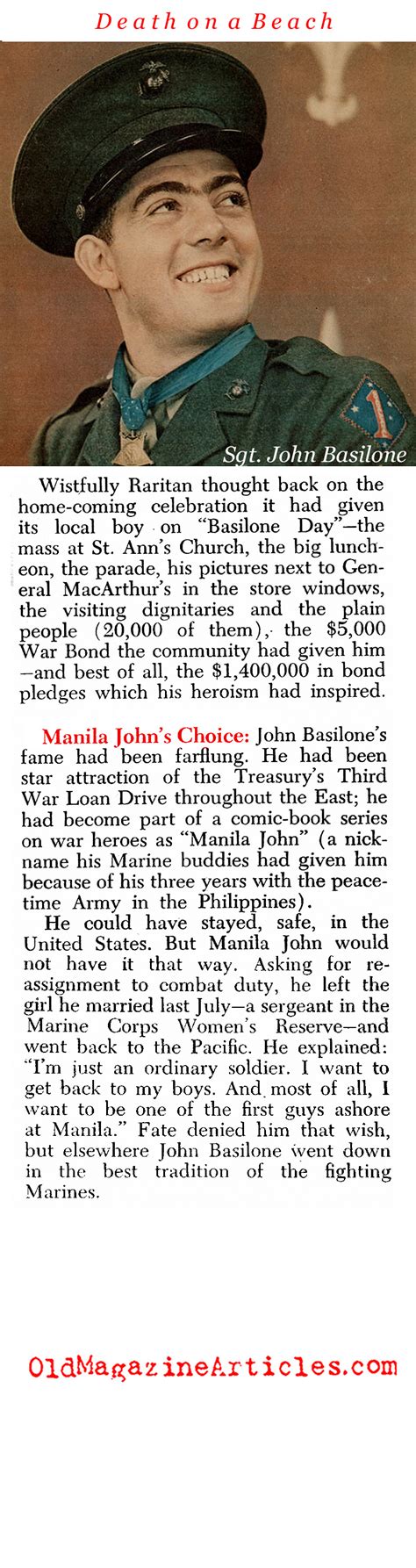 1945 DEATH OF SGT. JOHN BASILONE USMC | JOHN BASILONE ON IWO JIMA - Magazine Article - Old ...