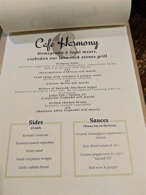 Menu at Cafe Harmony, Aberdeen