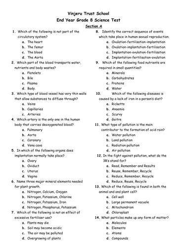 END OF YEAR GRADE 8 SCIENCE TEST by kmsimbeye - Teaching Resources - Tes