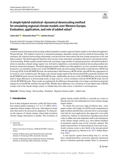 A simple hybrid statistical–dynamical downscaling method for emulating regional climate models ...