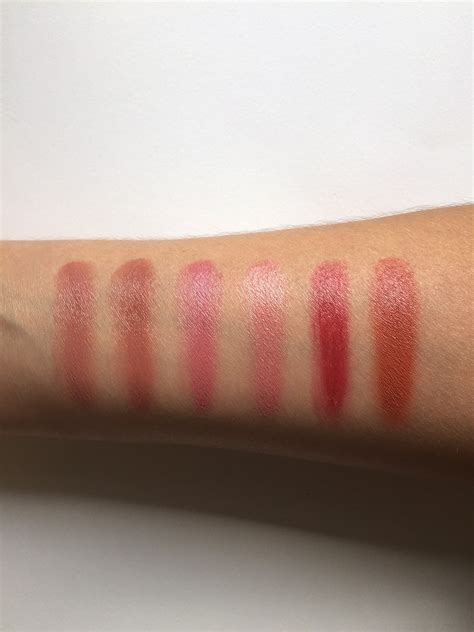 Swatches of the complete set of Tata Harpers Lip and Cheek Colours. From Left: Very Nice, Very ...