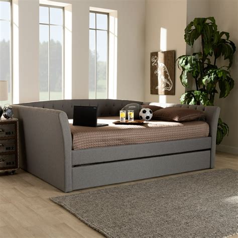 Baxton Studio Delora Light Gray Upholstered Queen Size Daybed with Roll-Out Trundle Bed ...