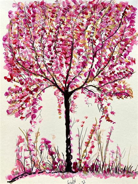 Original Painting Pink Blossom Tree Acrylic Artwork Tree | Etsy