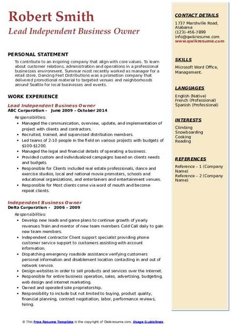 Independent Business Owner Resume Samples | QwikResume