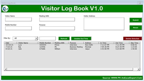 Visitor Log Book Template Excel