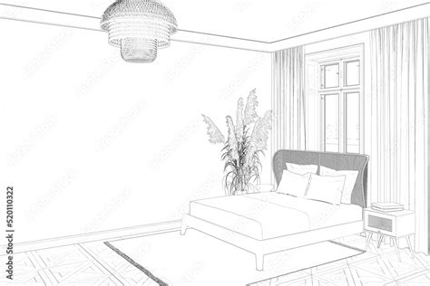 Illustrazione Stock A sketch of the cozy bedroom with a blank wall ...