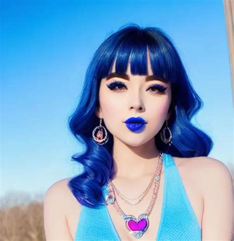 Katy Perry outside in winter, blue lipstick, candy s...