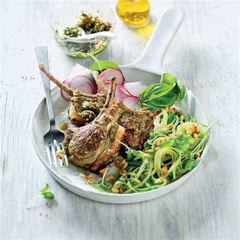 Pesto-stuffed lamb chops & baby marrow pasta | Woolworths TASTE