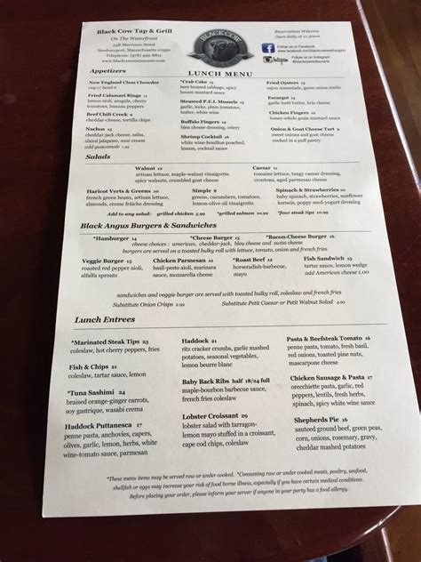 Menu at Black Cow restaurant, Newburyport