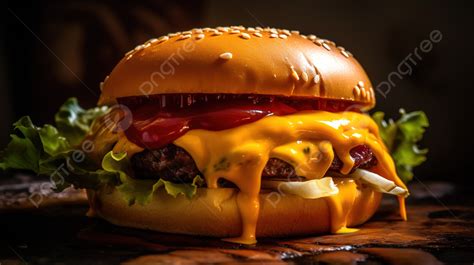 Hamburger With Cheese And Gravy Has A Dark Background, Cheese Hamburger ...