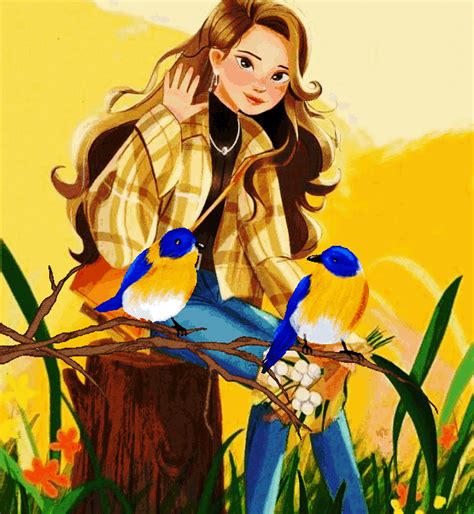 a woman sitting on top of a tree branch next to two blue and yellow birds