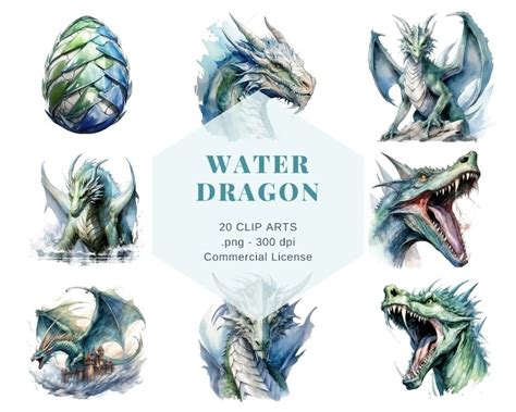 20 Water Blue Dragon Clip Art, Fantasy Clipart, Watercolor Dragon ...