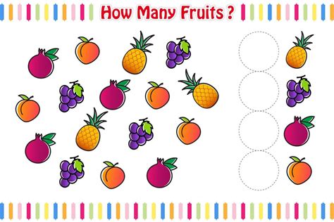 Counting game with cute Fruits Mascots, Fruits Game math worksheet ...