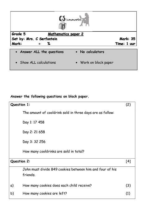 Grade 5 Mathematics test paper 2. Term 1. Memorandum included. • Teacha!