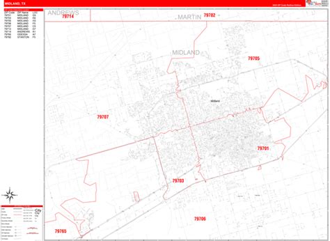 Midland Texas Zip Code Wall Map (Red Line Style) by MarketMAPS - MapSales