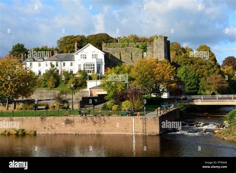 Brecon Castle and Castle Hotel Brecon at the confluence of the river Honddu and Usk Powys Wales ...