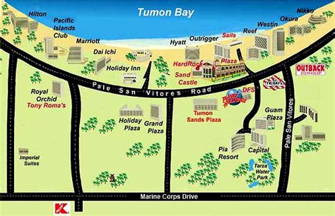 Guam Beach and Hotels - Map of Tumon beach hotels and tourist area.