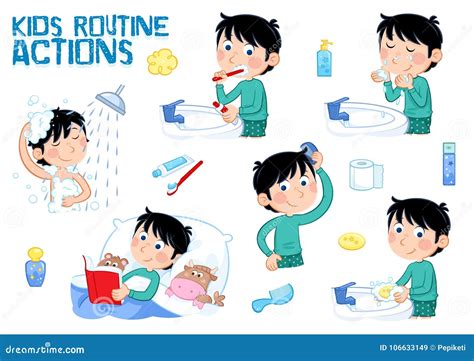 Kids and daily Routine - Little Boy with Dark Hair - Hygiene Stock Illustration - Illustration ...