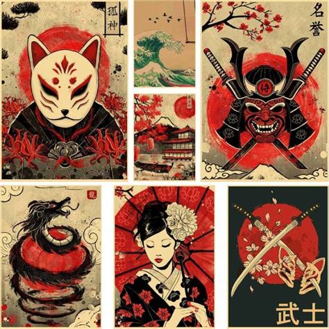 Vintage Japanese Art Collection Poster Kraft Paper HD Prints Wave Kanagawa Posters Wall Stickers ...