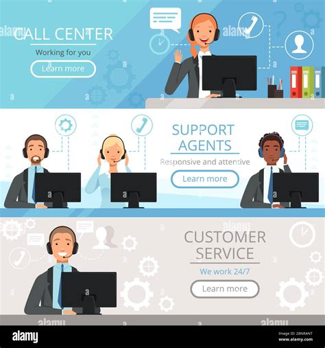 Call center banners. Support agents characters customer service phone helping operators vector ...