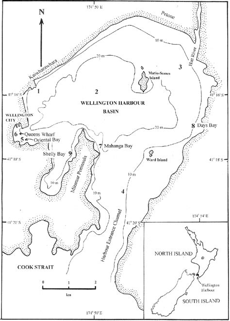 Map of Wellington harbour, new Zealand, indicating sampling stations,... | Download Scientific ...