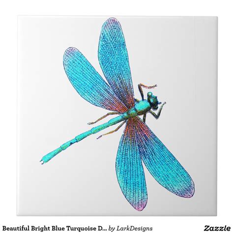 Beautiful Bright Blue Turquoise Dragonfly Large Square Tile Dragonfly Illustration, Dragonfly ...