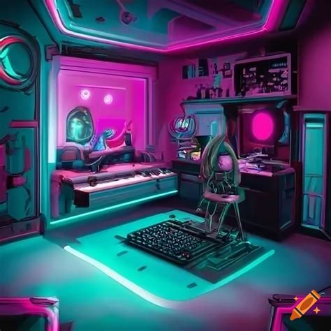 Cyberpunk style bedroom with ice crystal decor and colorful lights on ...