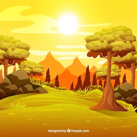 Atardecer en un bosque con montañas | Vector Premium