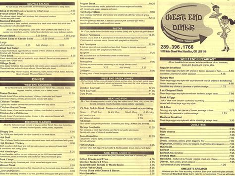 Menu at West End Diner restaurant, Hamilton