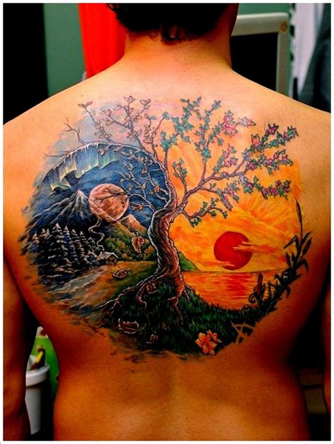 colorful yin yang tattoo on back - Design of TattoosDesign of Tattoos